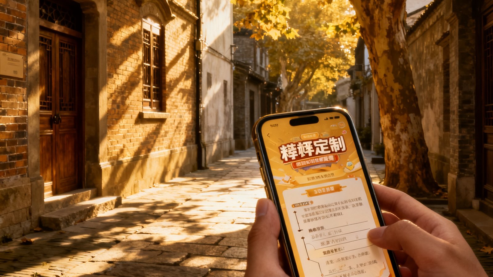 参赛者手持安装了彩神定制应用的手机，在充满历史韵味的城市老街区中寻找定向赛线索，阳光透过梧桐树叶洒在石板路上