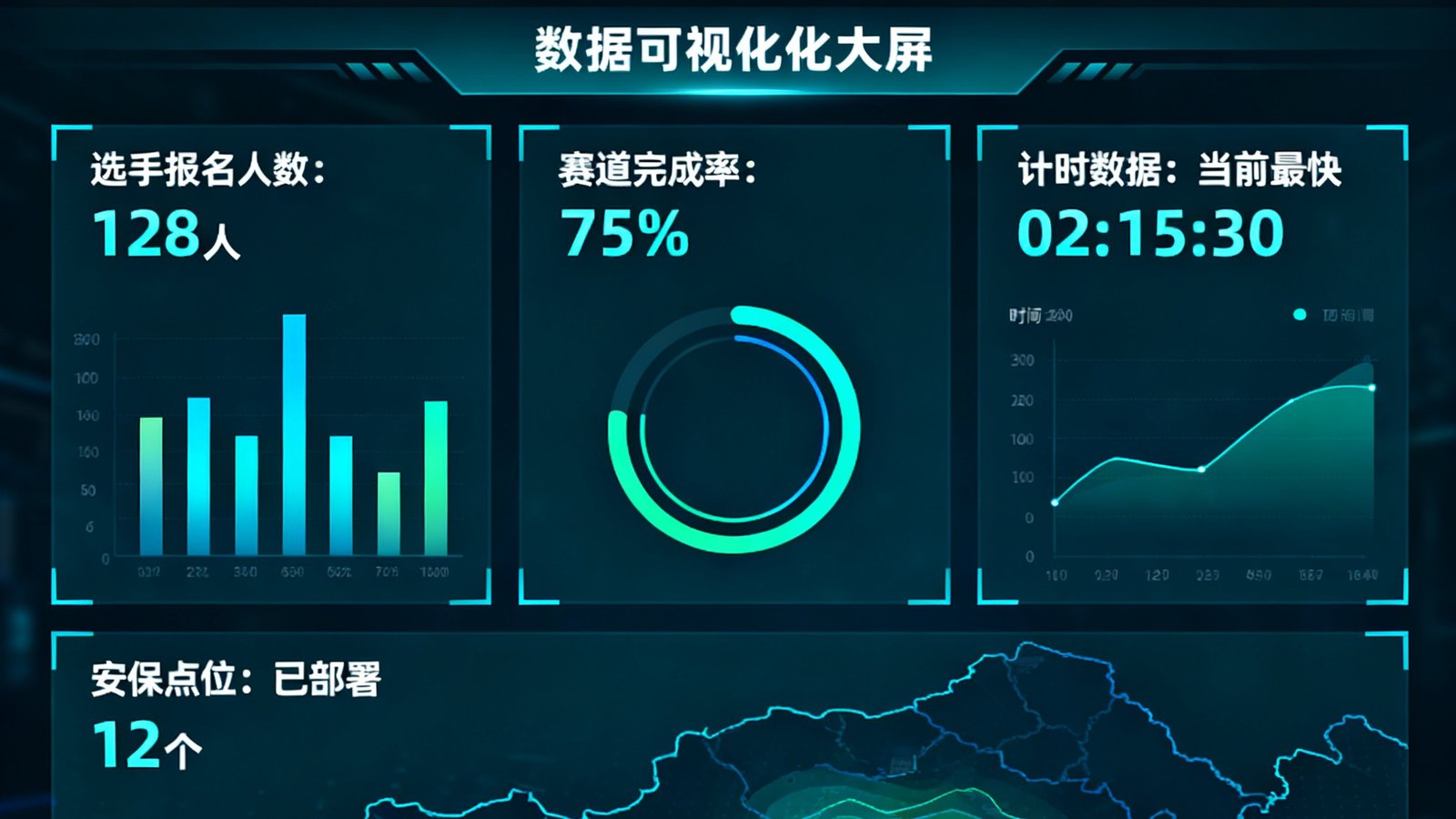 彩神自主研发的智慧赛事管理系统后台数据可视化大屏，实时展示选手报名人数、赛道完成率、计时数据、安保点位等关键信息，界面设计现代简洁