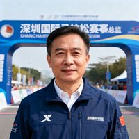 深圳国际马拉松赛事总监王先生正面半身照，身穿深蓝色赛事工作服，背景为赛事终点拱门
