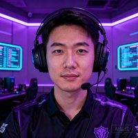 知名电竞俱乐部经理陈浩然，戴着专业电竞耳机，身后是充满科技感的战队训练室，灯光以紫色为主调